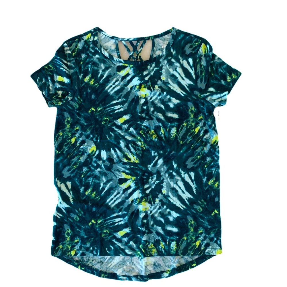 NWT Lattice-back scoop-neck top. Teal Tie Dye. L